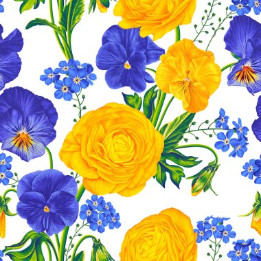 Çiçeksiz vektör deseni. Ranunculus, mavi ve sarı hanım evlatları, el yapımı olmayan gerçekçi bitkiler. Giysi, tekstil, duvar kağıdı, posterler, kartpostallar, sosyal medya afişi
