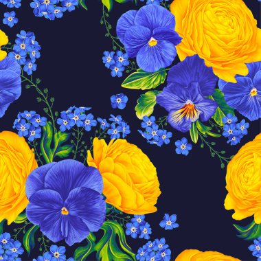 Vektörsüz çiçek deseni. Sarı Ranunculus, Buttercups, mavi Pansies ve karanlık arka planda unutma-beni-nots. Duvar kağıdı, tekstil, kıyafet tasarımı, baskılar, kartpostallar için tekrarlanan desen