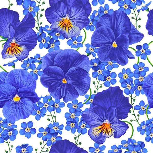 Naadloos Bloemenpatroon Kleuren Blauw Realistische Zigeuners Vergeet Mij Nietjes Ontwerpen — Stockvector