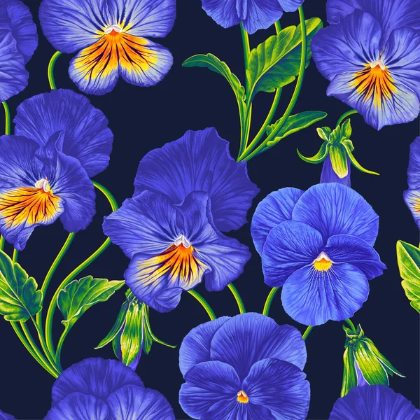 Floral Διάνυσμα Μοτίβο Ρεαλιστική Μπλε Πανσέδες Μπλε Κίτρινα Λουλούδια Viola — Διανυσματικό Αρχείο