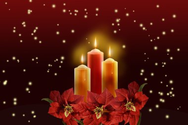 Three candles surrounded a red poinsettias. clipart