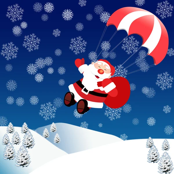 Santa claus afdaalt door parachute. — Stockvector