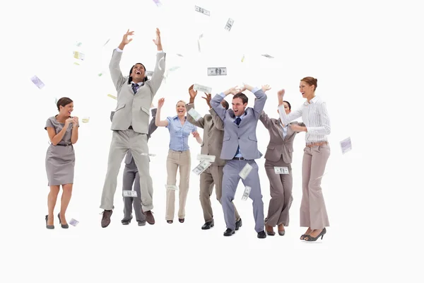 Very happy with money falling from the sky — Stock Photo, Image