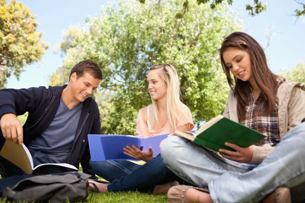 Low angle-shot of three young working — Stock Photo, Image