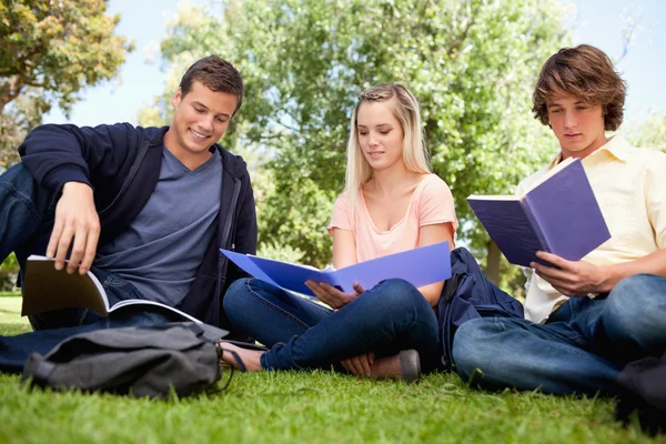 Low angle-shot of three students working — Stock Photo, Image