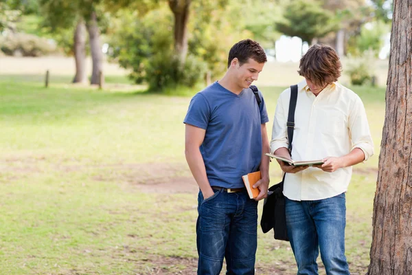 Dos estudiantes masculinos de pie hablando —  Fotos de Stock