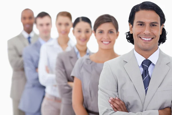 Big close-up of happy workmates in a single line Stock Photo