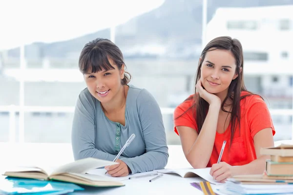 Two smiling students doing homework as they look into the camera — Stockfoto