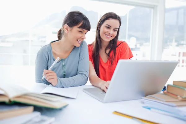 A couple of girls sitting together as they work on the laptop — Stock Photo, Image