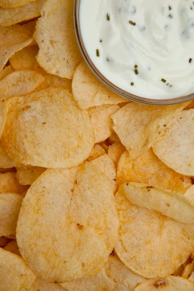 Close up of a bowl of dip with herbs surrounded by chips — Stock Photo, Image