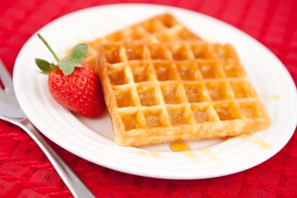 Waffles and strawberry together in a white plate — Stock Photo, Image