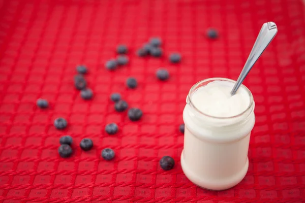 Pote de iogurte e mirtilos — Fotografia de Stock