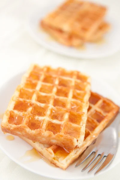 Waffles spread with honey in a plateful — Stock Photo, Image