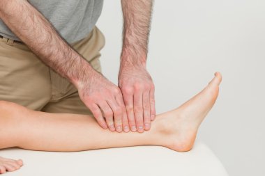 Doctor using his fingertips to massage a calf clipart