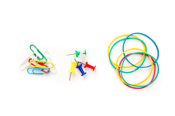 Stationery whose pushpins elastics paperclips — Stock Photo, Image