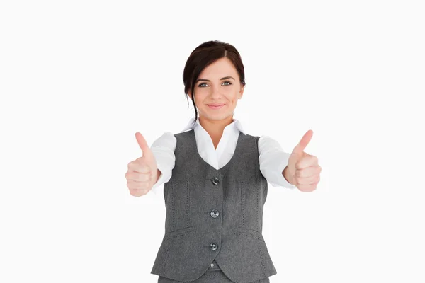 Young woman in suit the thumbs-up — Stock Photo, Image