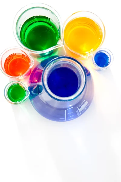 Six beakers and erlenmeyer — Stock Photo, Image