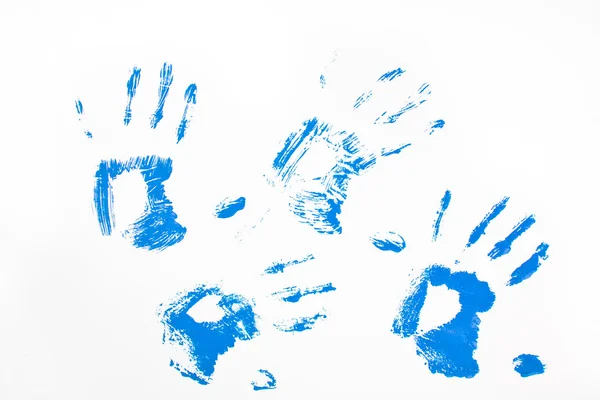 Cztery handprints niebieski — Zdjęcie stockowe