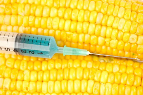 Blue liquid into syringe on corn — Stock Photo, Image