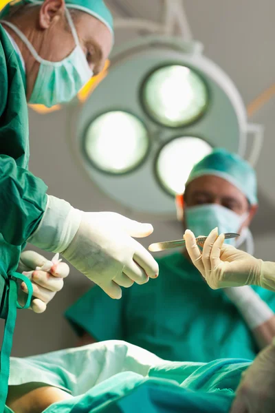 Surgeon taking a scalpel from a gloved hand — Stock Photo, Image