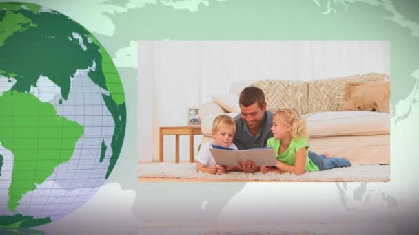 Grüne Erde dreht sich um sich selbst, Familien verbringen Zeit miteinander — Stockvideo