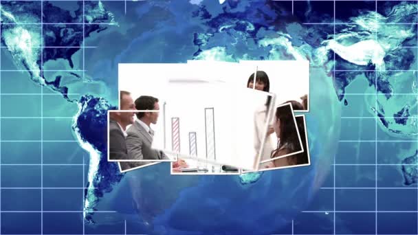 Geschäftsvideos fallen auf Weltkarte und Globus — Stockvideo