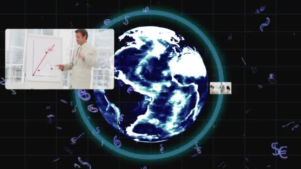 Vídeos de negócios emergem de trás da Terra com a imagem da Terra — Vídeo de Stock