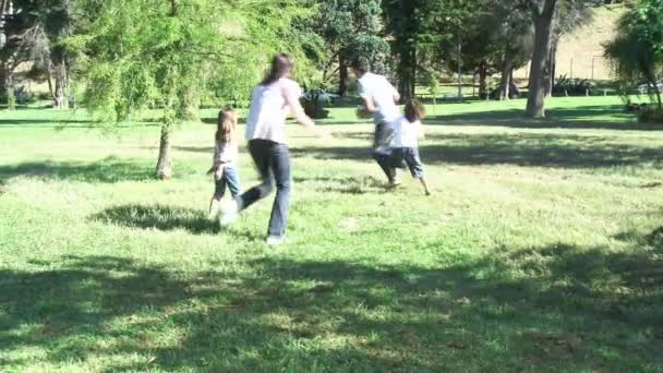 Eltern und Kinder spielen im Park mit einem Ball — Stockvideo