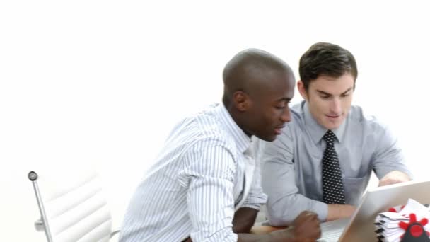 Panorama of two businessmen working together with a laptop — Stock Video