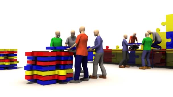 3D team assembling a puzzle — Stock Video