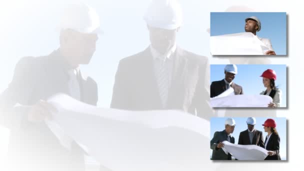 Koláž záběry konstrukce pracovníků — Stock video