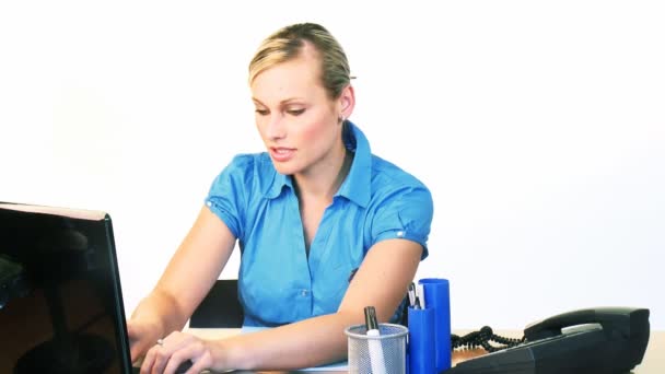 Sarışın iş kadını ofiste bir dizüstü bilgisayar kullanarak — Stok video