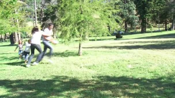 Ouders en kinderen plezier in een park met een bal — Stockvideo