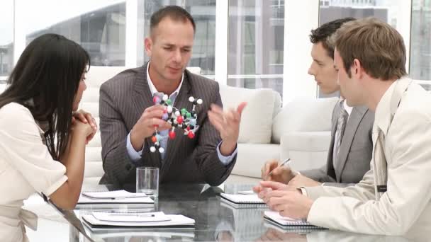 Confident manager holding a molecule in a meeting — Stock Video