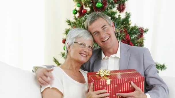 Feliz Abuelos sosteniendo regalos de Navidad — Vídeo de stock