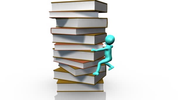 3D man climbing a pile of books — Stock Video