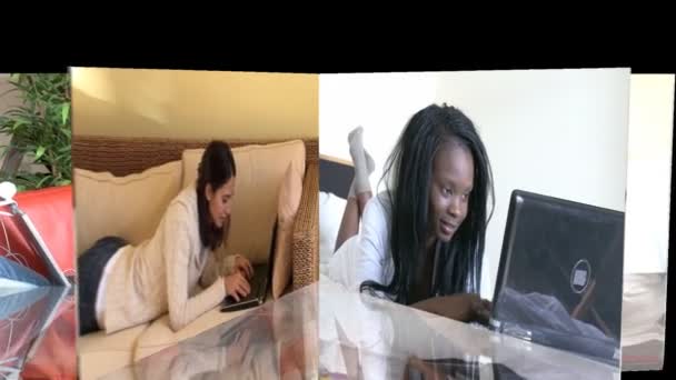 Neşeli kadın bir dizüstü bilgisayar kullanarak gösterilen hisse senedi animasyon — Stok video
