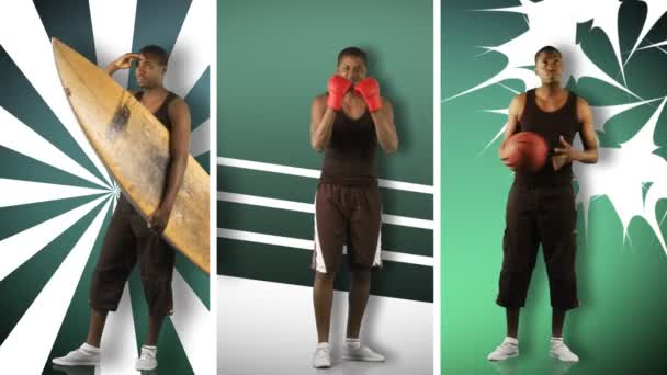 Animatie van een Afrikaanse jongen doen verschillende sporten in hoge definitie — Stockvideo