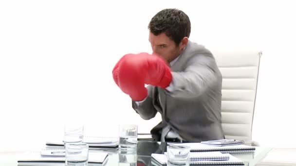 Hombre de negocios competitivo sosteniendo guantes de boxeo — Vídeos de Stock