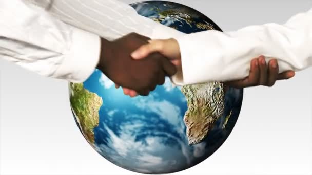Negocios estrechando manos contra el mundo. Mundo multicultural y conceptos de solidaridad — Vídeos de Stock