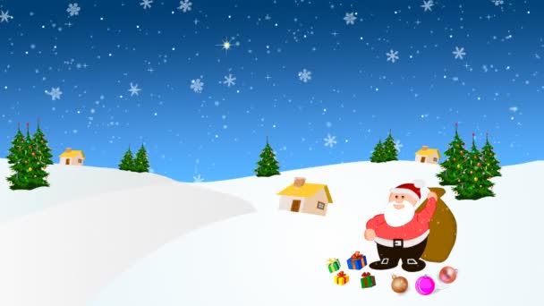 Санта-Клаус в снегу с большим количеством подарков — стоковое видео