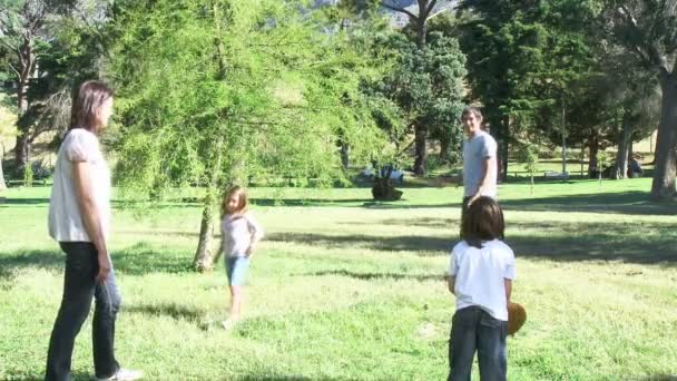 Familj spelar baseball i en park — Stockvideo