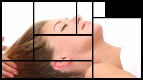 Montagem apresentando uma mulher relaxada com tratamentos de spa — Vídeo de Stock