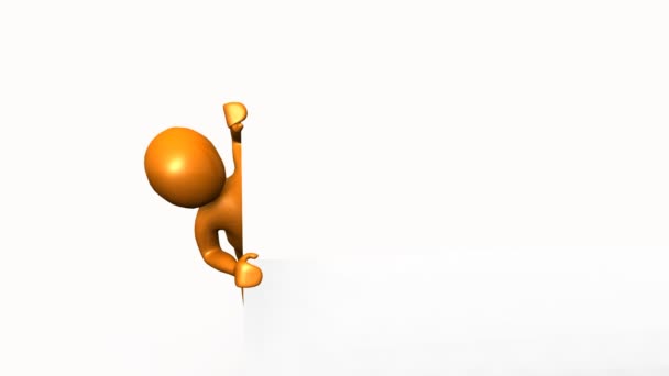 3D человек прячется за пустым знаком — стоковое видео