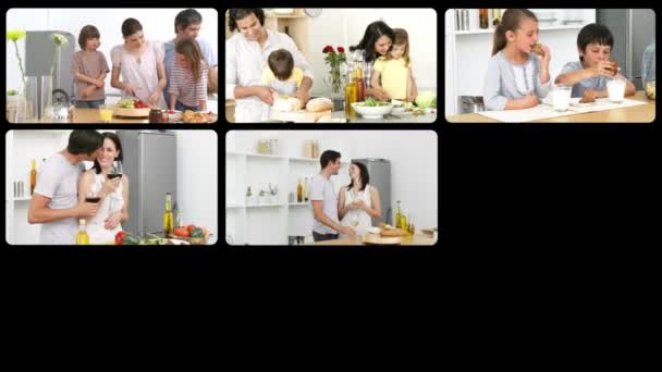 Montaggio di famiglie caucasiche in cucina — Video Stock