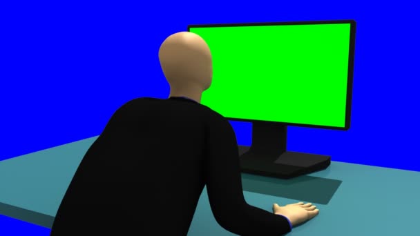 Animação mostrando um homem 3d sentado na frente de uma tela verde — Vídeo de Stock