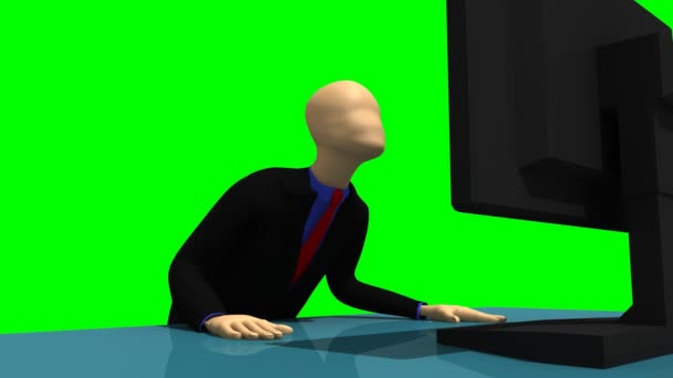 Анимация, представляющая отчаявшегося 3d-человека перед рабочим столом — стоковое видео