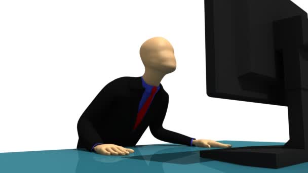 Animation, παρουσιάζοντας 3d άνθρωπος κάθεται μπροστά από μια οθόνη σε ένα τραπέζι — Αρχείο Βίντεο
