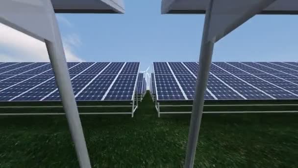 Animación mostrando turbina eólica y paneles solares — Vídeo de stock