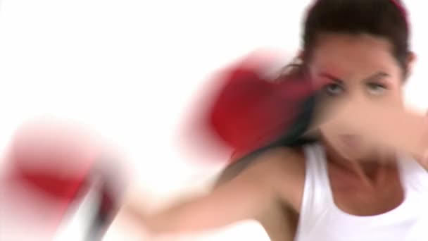 Mulher hispânica concentrada usando luvas de boxe — Vídeo de Stock